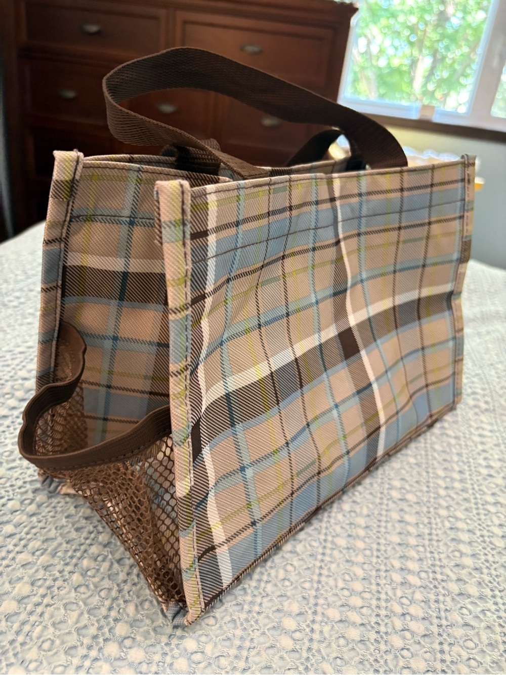 Thirty-One Brown & Blue Plaid All In Organizer Tote Small Storage Caddy 12x8x6